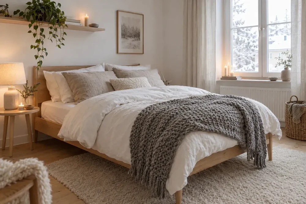 Quarto escandinavo com cama de carvalho, roupa de cama de linho, manta cinza de tricô e velas
