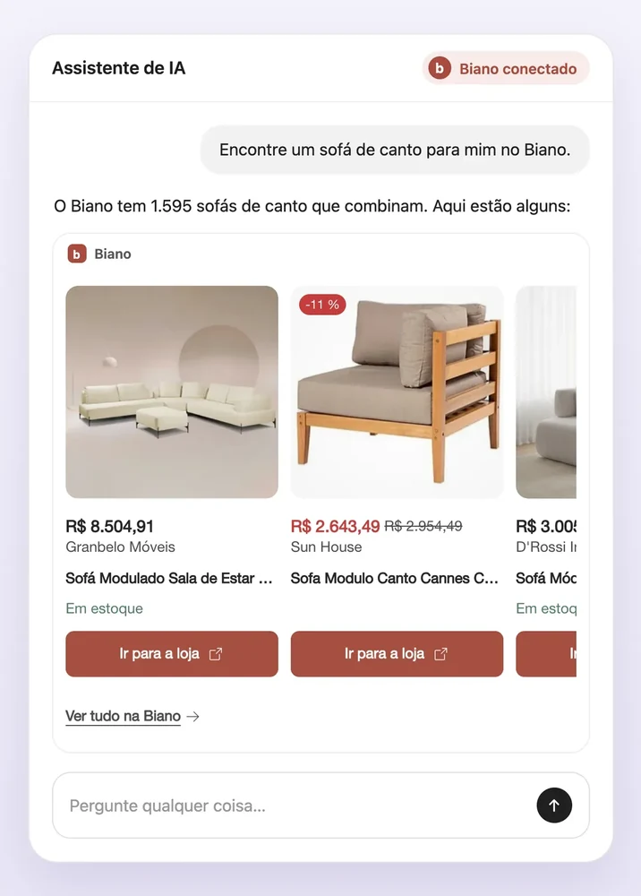 Biano no assistente de IA: cards de sofás de canto com preço, loja e botão para a loja