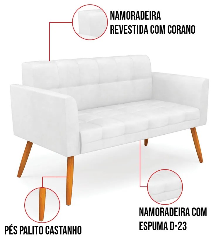 Kit 1 Sofá Namoradeira e 2 Poltronas Elisa Corano Pés Palito Castanho D03 - D'Rossi - Branco