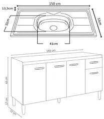 Balcão Gabinete Com Pia Inox 150cm 4 Portas e 1 Gaveta Gabriela Preto