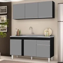 Armário Aéreo Argélia e Balcão Gabinete com Pia Inox 150cm Dakota Pret