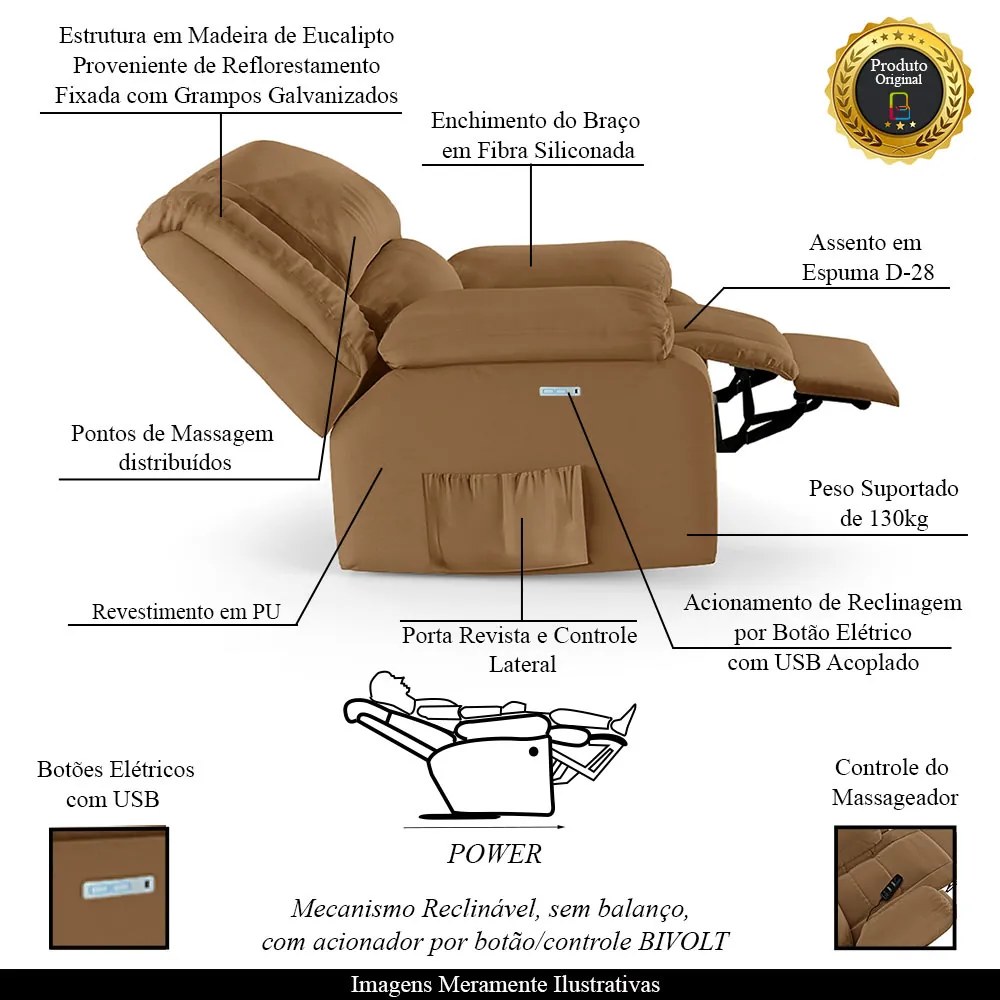 Poltrona do Papai Reclinável Sala de Cinema Madrid Elétrica Touch Massagem USB PU Caramelo  G23