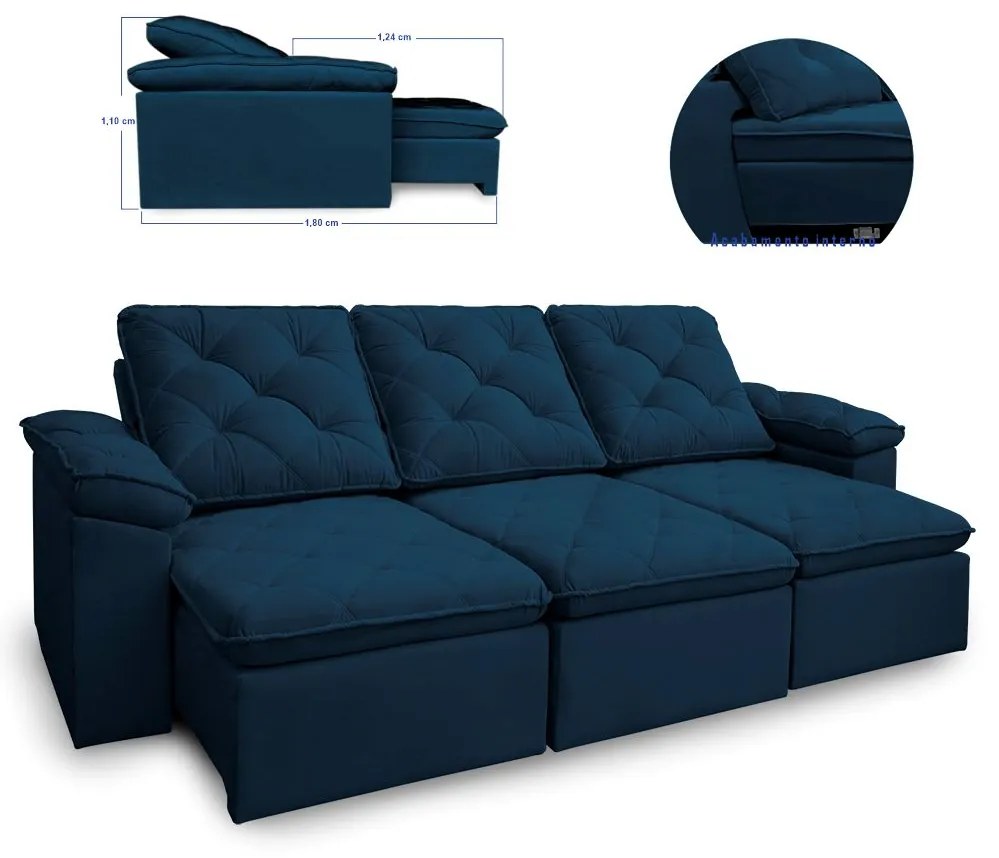 Sofá Reclinável Retrátil 3 Lugares 290cm Verus Veludo Azul Escuro - Sheep Estofados - Suede Azul Marinho