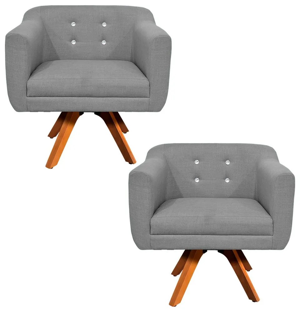 Kit 02 Poltronas Giratória Julia Linho com Strass Base Madeira MM30 D01 - D'Rossi - Cinza A26