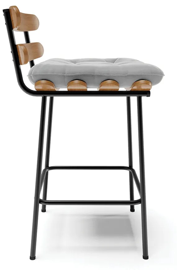 Kit 04 Banquetas Costela Suede Cinza Base Metálica Preto - D'Rossi
