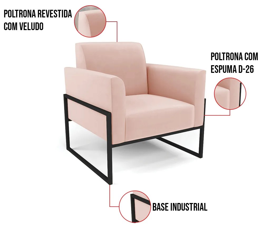 Kit 2 Poltronas Base Industrial Alta Preto Marisa Veludo - Rose