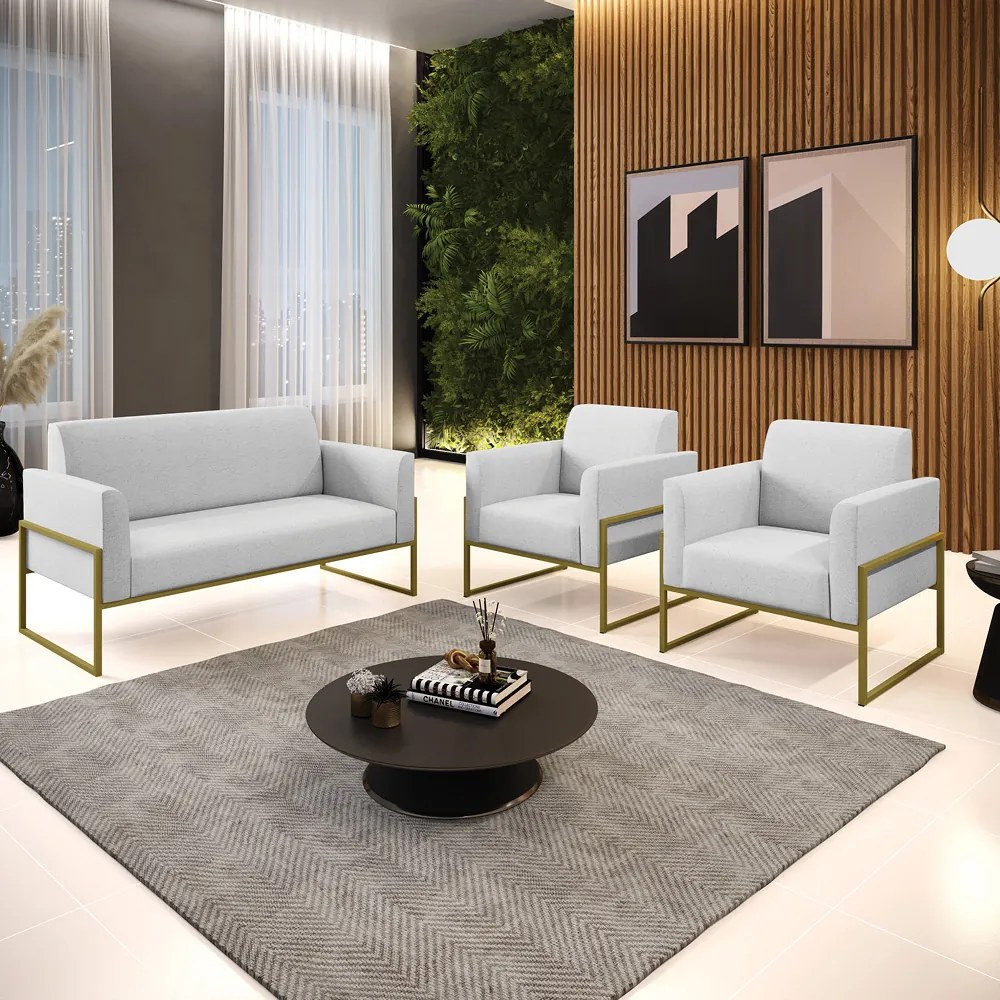 Sofá Namoradeira com 2 Poltronas Base Industrial Alta Dourado Marisa Linho - A05 Cinza