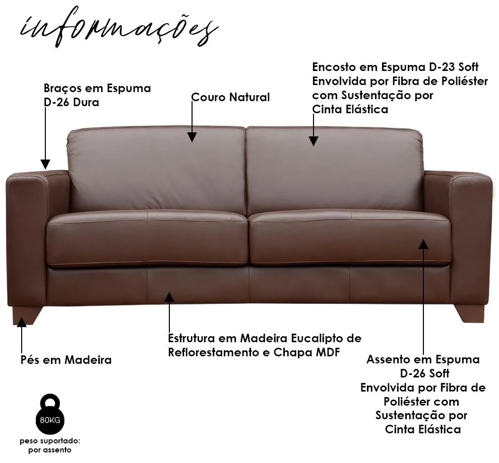 Sofá 3 Lugares Estocolmo 205cm Couro Chocolate G03 - Gran Belo