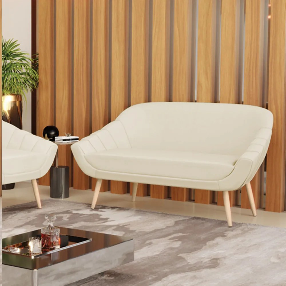 Namoradeira 02 Lugares Giovana Linho Bege A19 Pés Palito Natural - Indo Decorar