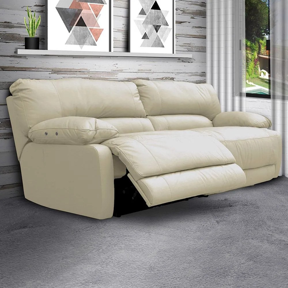 Sofá 2 Lugares Reclinável Elétrico Asmará 174cm Couro Off White G43 - Gran Belo