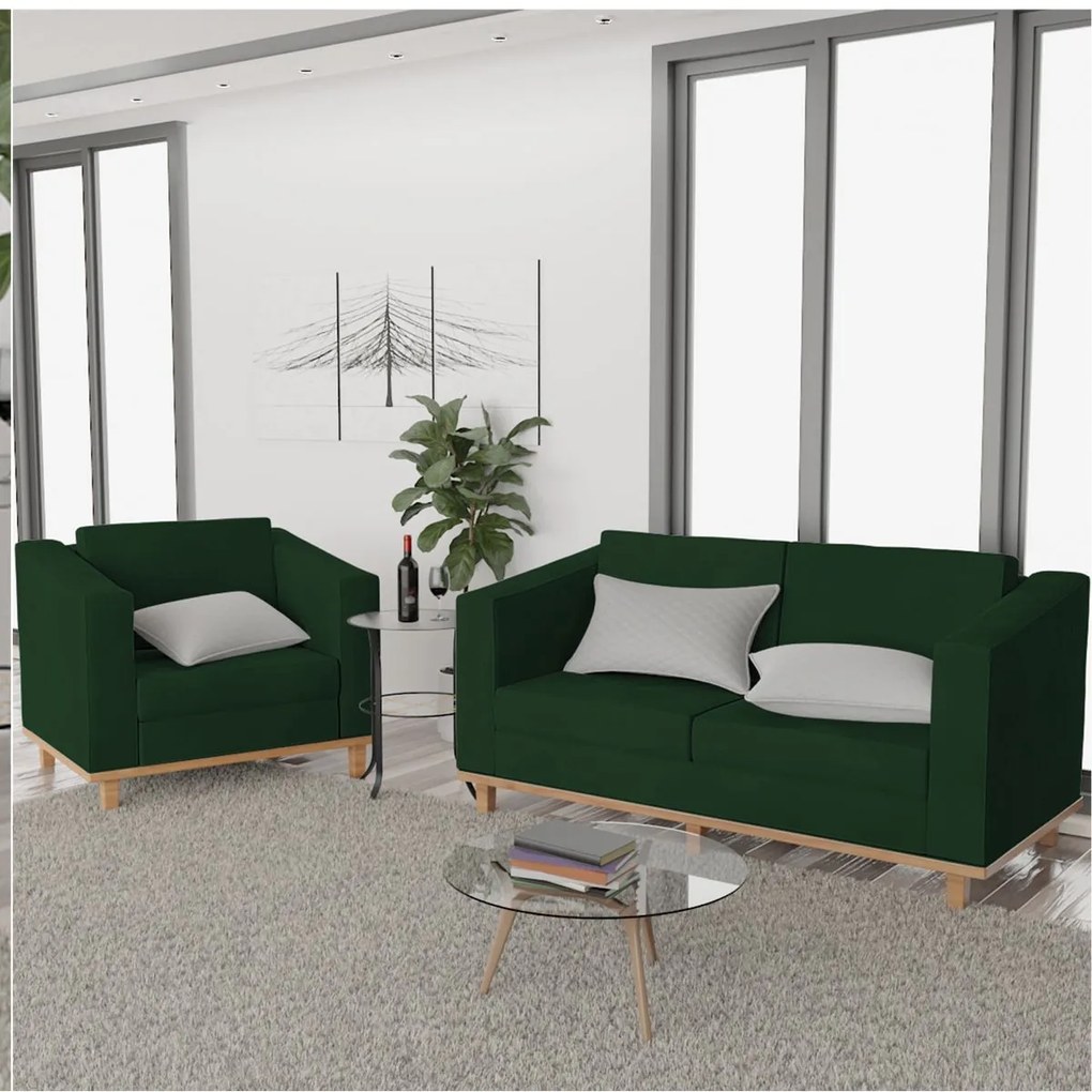 Kit Sofá 2 Lugares e Poltrona Europa Suede Verde ADJ Decor