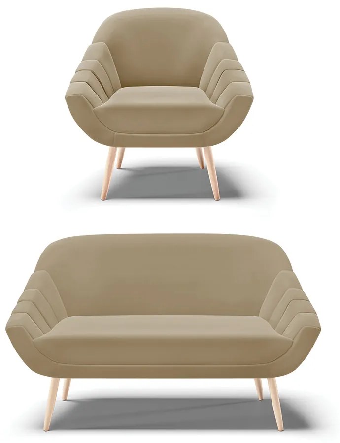 Kit 01 Namoradeira 02 Lugares e 01 Poltrona Giovana Suede Pés Palito Natural - D'Rossi - Marrom Rato