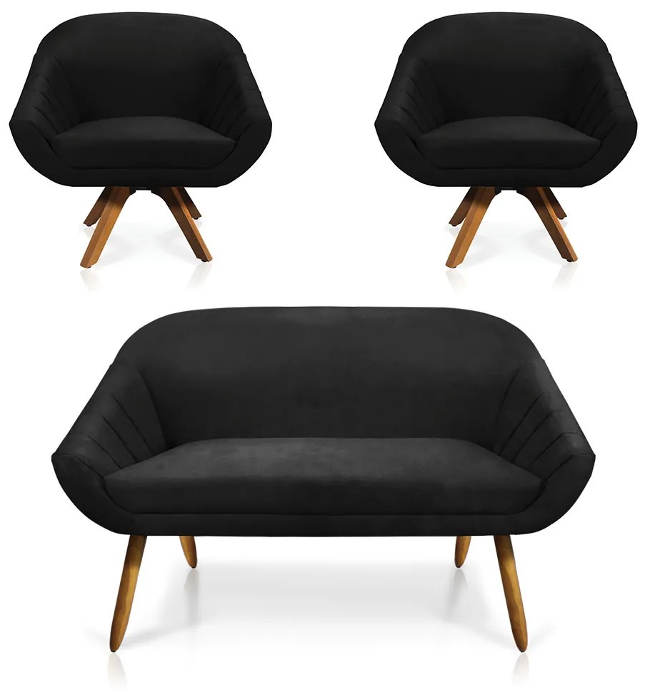 Kit 01 Namoradeira 02 Lugares e 02 Poltronas Giratória Giovana Suede Base Madeira MM30 - D'Rossi - Preto
