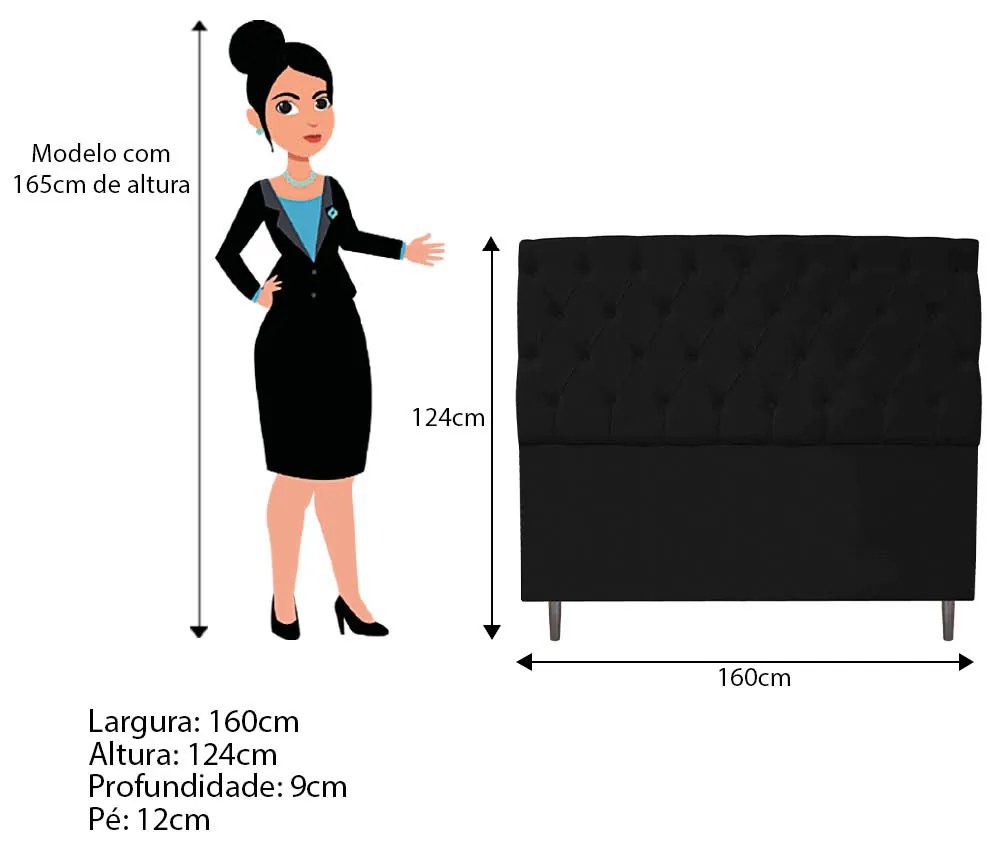 Cabeceira Estofada Liverpool 160 cm Queen Size Corano Preto - ADJ Decor