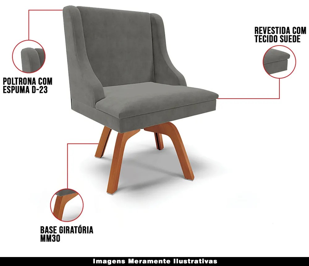 Kit 2 Cadeiras Decorativas Sala de Jantar Base Giratória de Madeira Firenze Suede Grafite/Natural G19 - Gran Belo