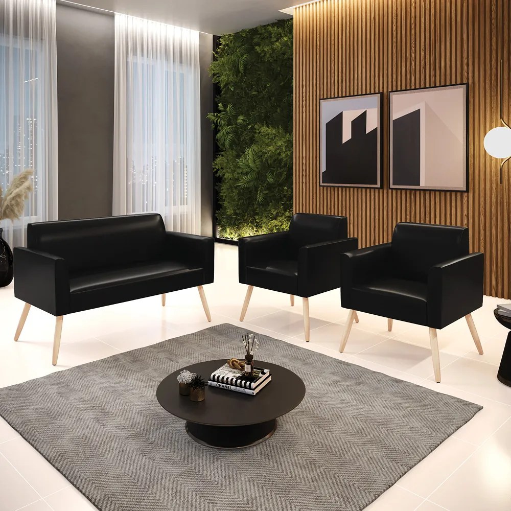 Sofá Namoradeira com 2 Poltronas Pés Palito Natural Marisa Corano D03 - DRossi - Preto