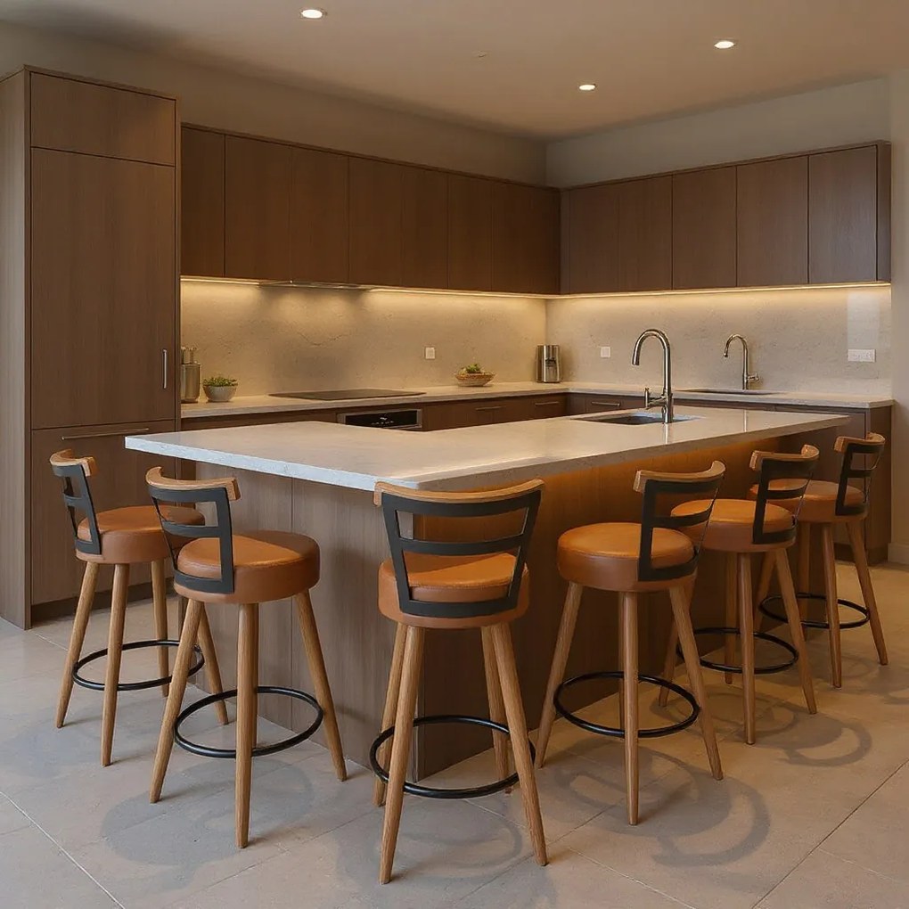 Banqueta Alta Cozinha 70cm Encosto Pé Madeira Kit 6 Kyara Pu S02 - D'Rossi - Caramelo
