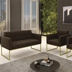 Sofá Namoradeira e 1 Poltrona Base Industrial Dourado Ana Suede Marrom