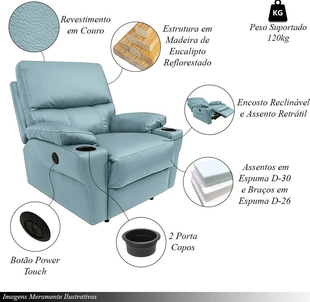 Poltrona do Papai Sala de Cinema Mia Reclinável Retrátil Power Elétrico Base Fixa Couro Azul Celeste G40 - Gran Belo