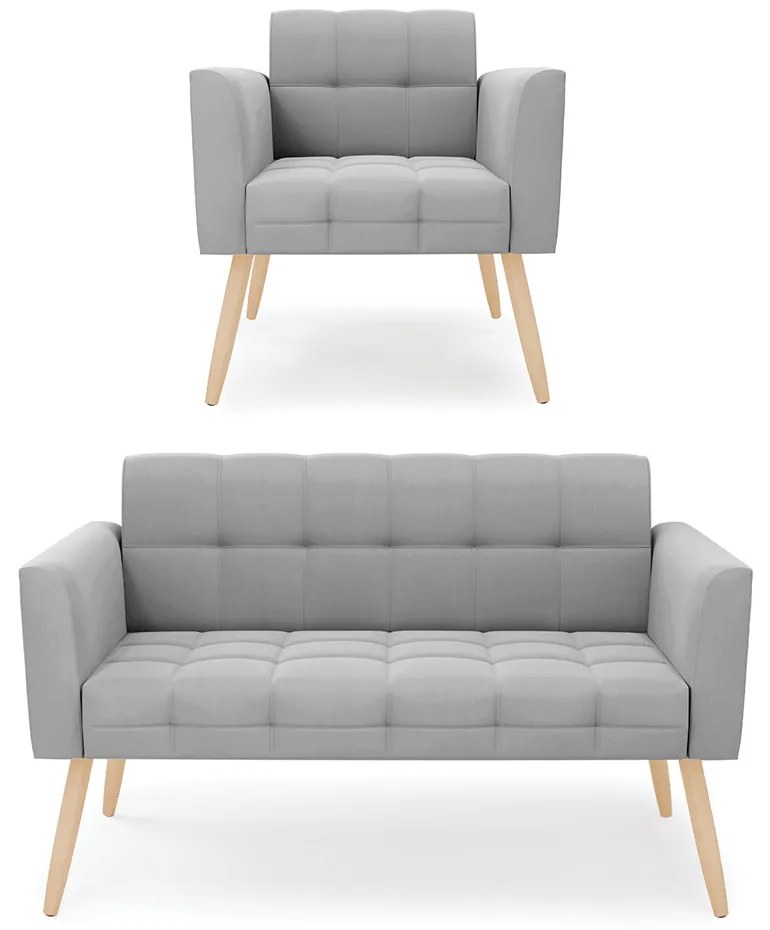 Kit 1 Sofá Namoradeira e 1 Poltrona Elisa Suede Pés Palito Natural D03 - D'Rossi - Cinza