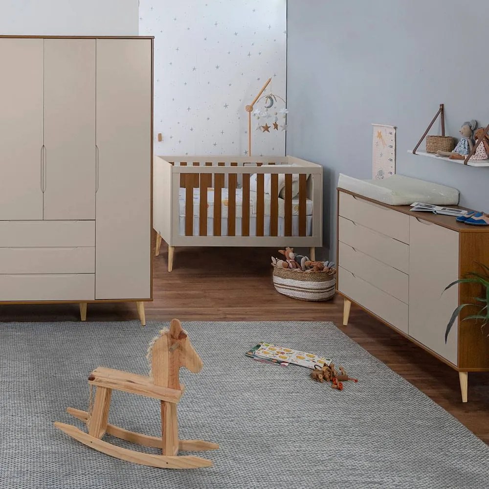 Kit Quarto Infantil com Pés Retrô Natural - Cômoda Elfe 4 Gavetas e 1 Porta + Guarda-Roupa Elfe + Berço Mini Cama Noah - Areia e Savana
