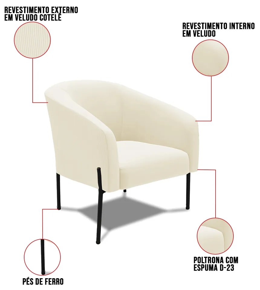 Poltrona Decorativa Pé de Ferro Preto Stella Cotelê Ext/Veludo D03 - D'Rossi - Off White