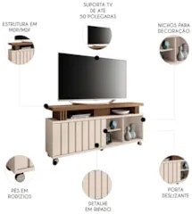 Rack Bancada de TV 50 Pol 136cm Briz Castanho/Off White - HB Móveis