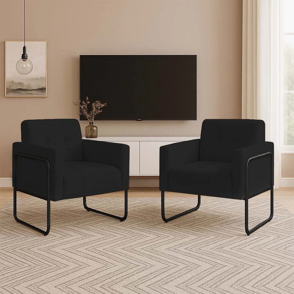 Poltrona Sala Industrial Alta Tubo Preto Kit 2 Elisa Suede D03 - D'Rossi - Preto