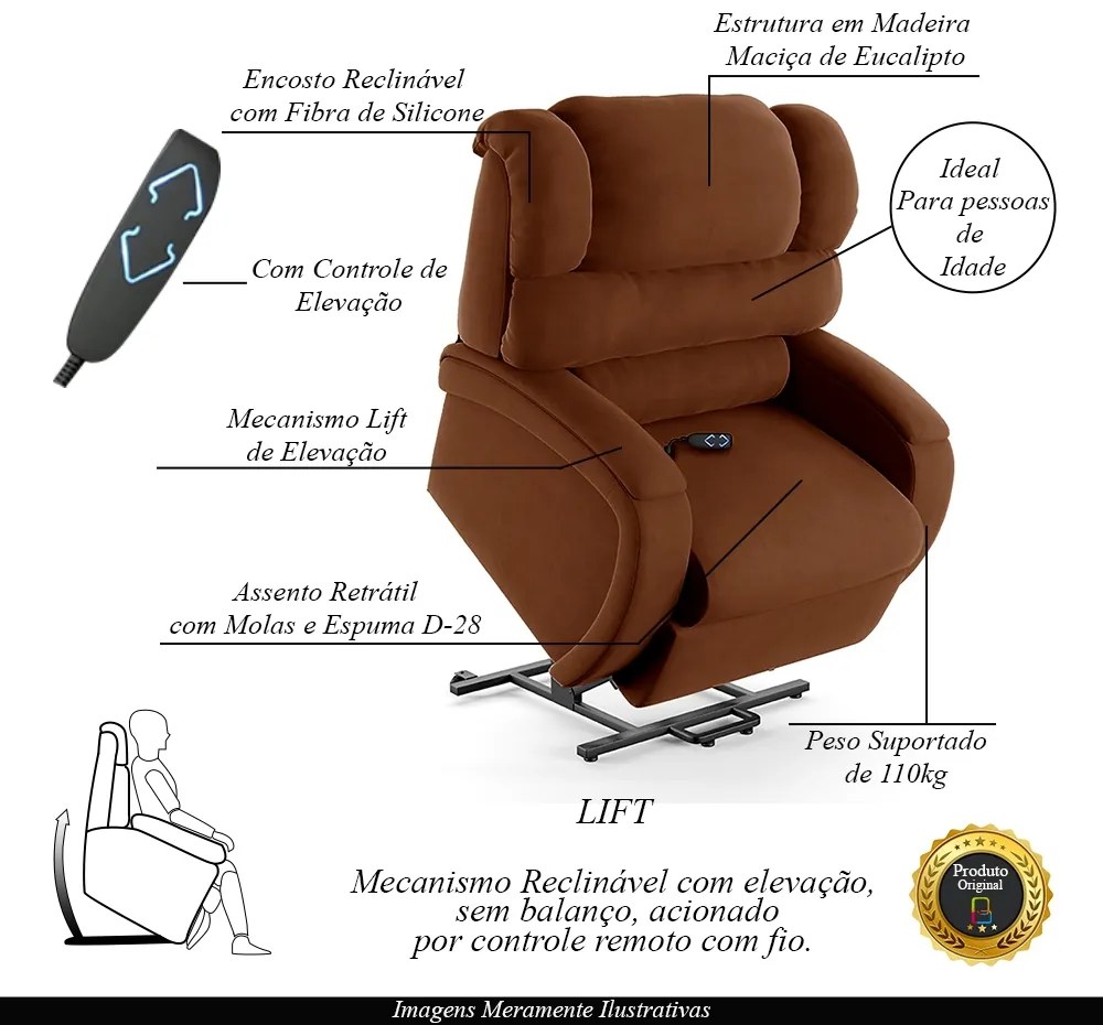 Poltrona do Papai Sala de Cinema Reclinável Kylie Elevação Lift Elétrico Veludo Terracota G23