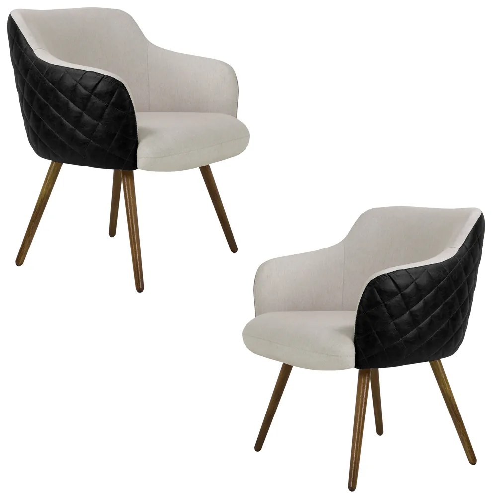 Kit 2 Poltronas Decorativas Kitana Pés Palito PU Sintético/Linho Preto/Areia G15 - Gran Belo