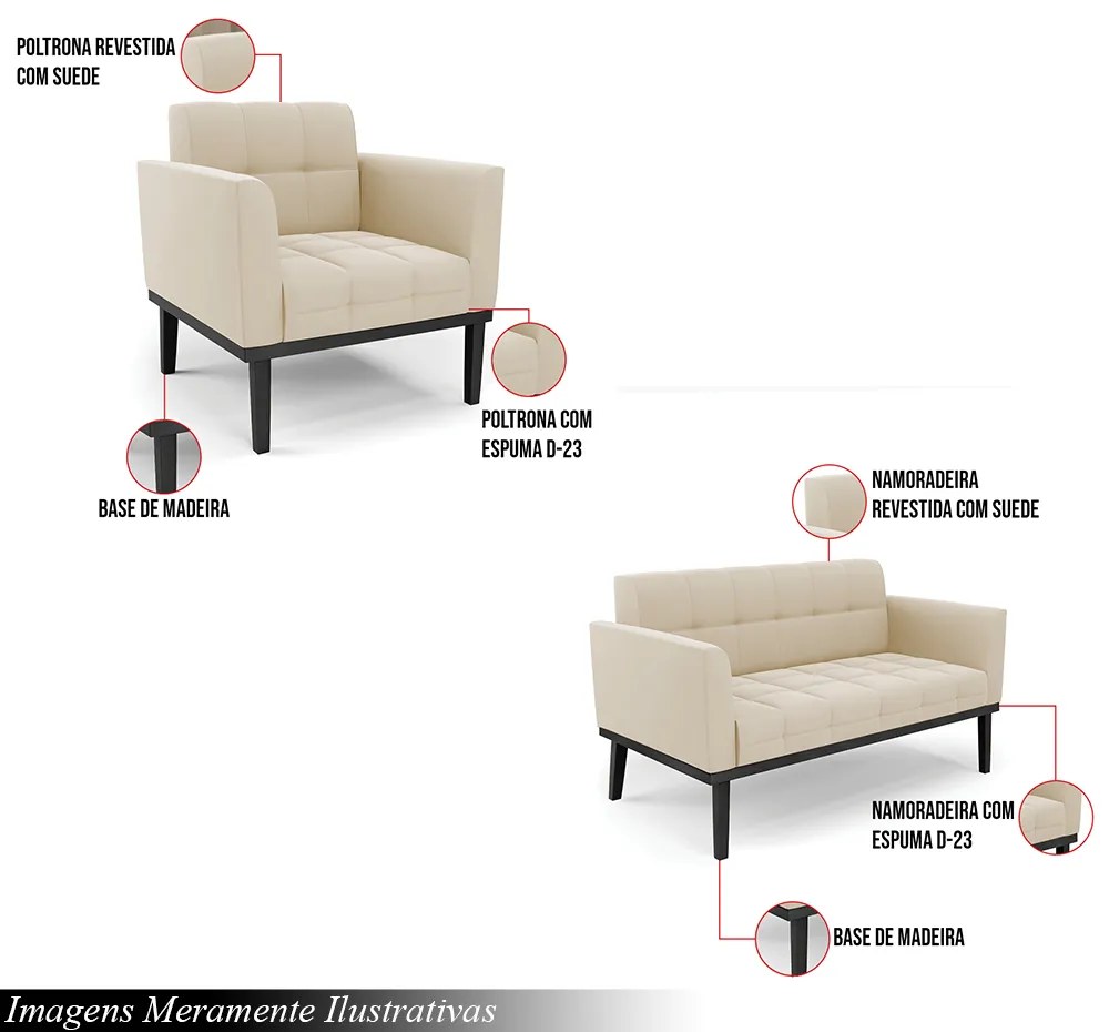 Conjunto Poltrona e Namoradeira Decorativa Karen Pés Fixo em Madeira Preto Suede Bege G19 - Gran Belo