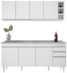 Armário Aéreo Nevada e Balcão Gabinete 180cm Com Pia Dallas Branco - L