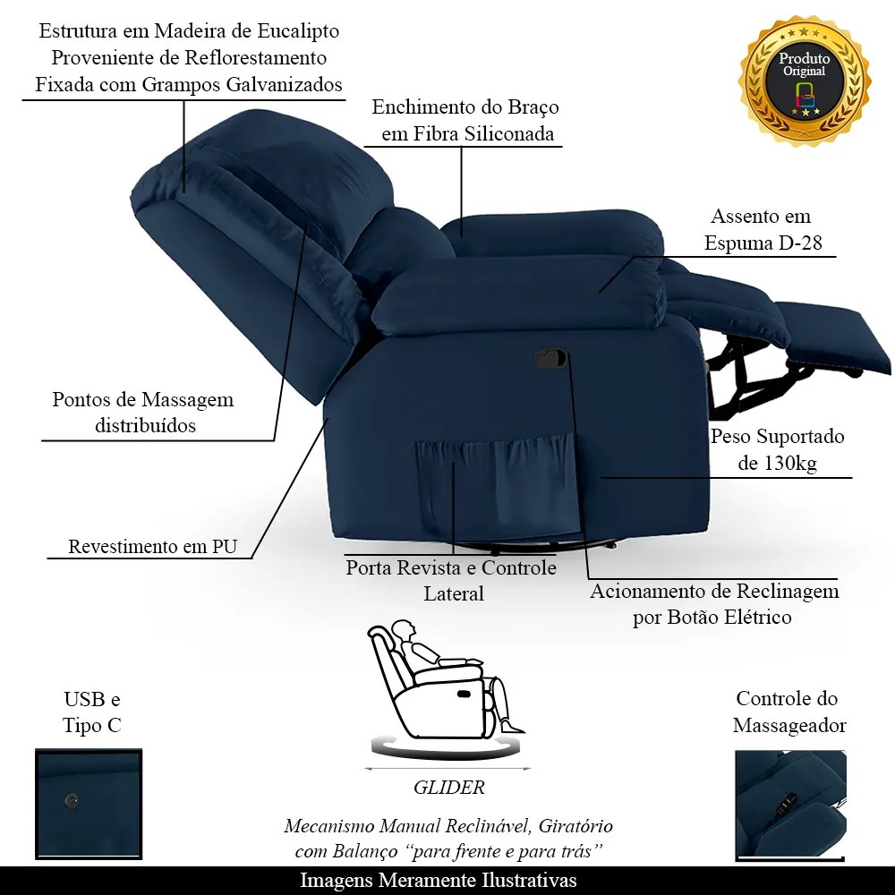 Poltrona do Papai Reclinável Sala de Cinema Madrid Glider Manual Giratória Massagem USB PU Azul G23