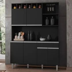Kit Cozinha Compacta 130cm Com 6 Portas 1 Gaveta  Alice Preto Fosco -
