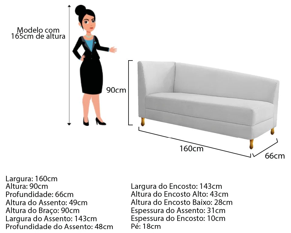 Recamier Valéria 160cm Lado Direito Corano Branco - ADJ Decor
