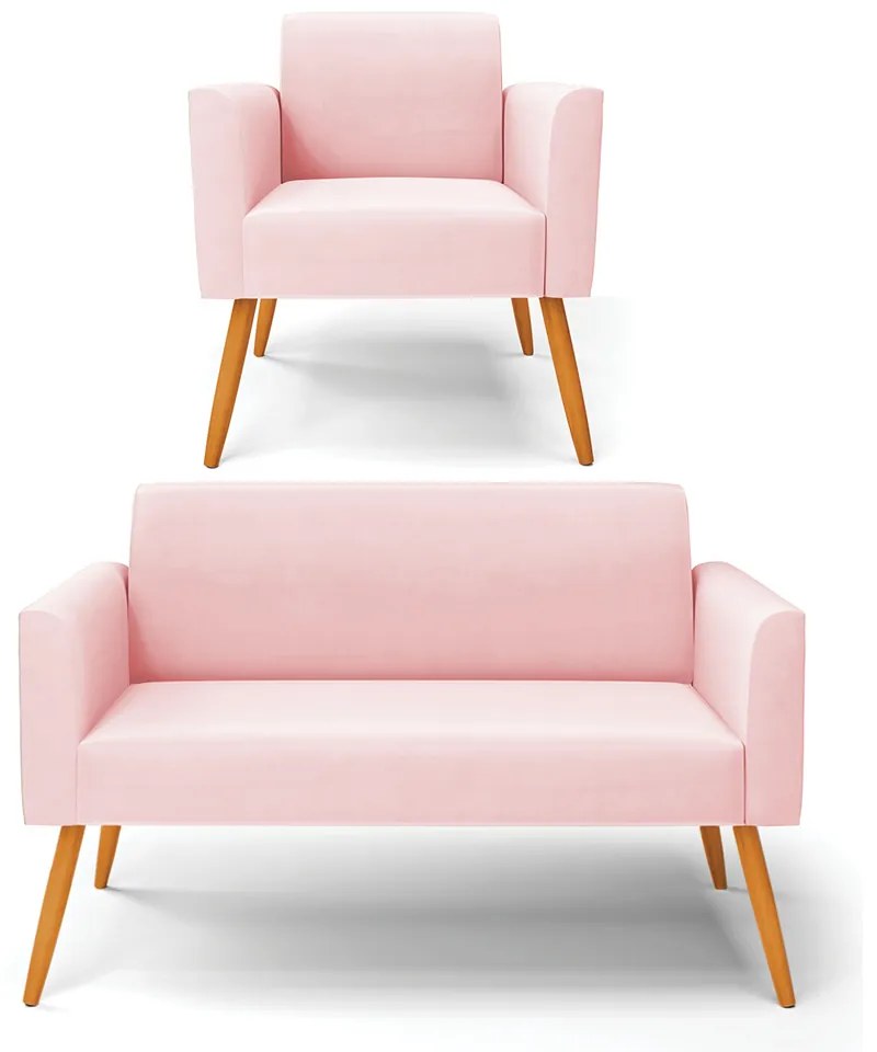 Sofá Namoradeira com Poltrona Pés Palito Castanho Marisa Suede D03 - D'Rossi - Rosa Bebê
