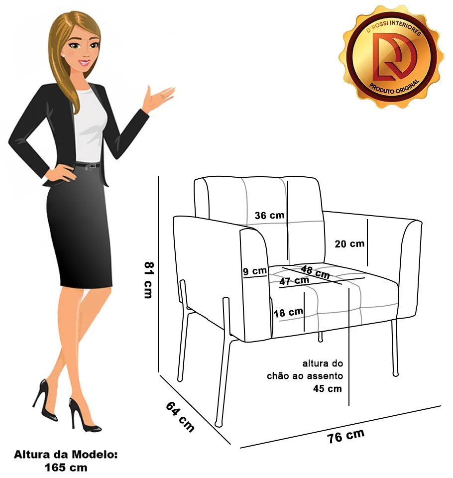 Poltrona Sala de Estar Pé de Ferro Pto Kit 2 Elisa Bouclê D03 - DRossi - Cinza