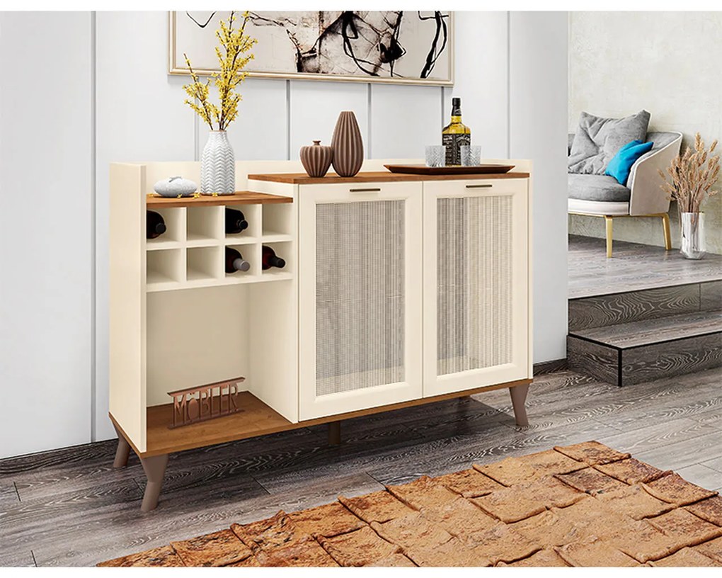 Balcão Aparador Buffet Retrô Adega 2 Portas Arcade Nature/Off White - Mobler - Bege