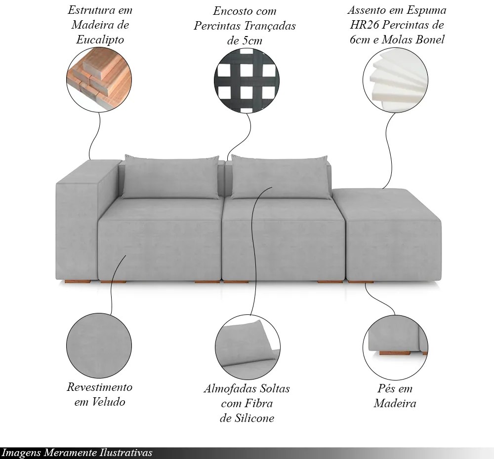 Sofá Versátil Sala de Estar Atlanta 338cm Modulado Veludo Cinza G52 - Gran Belo