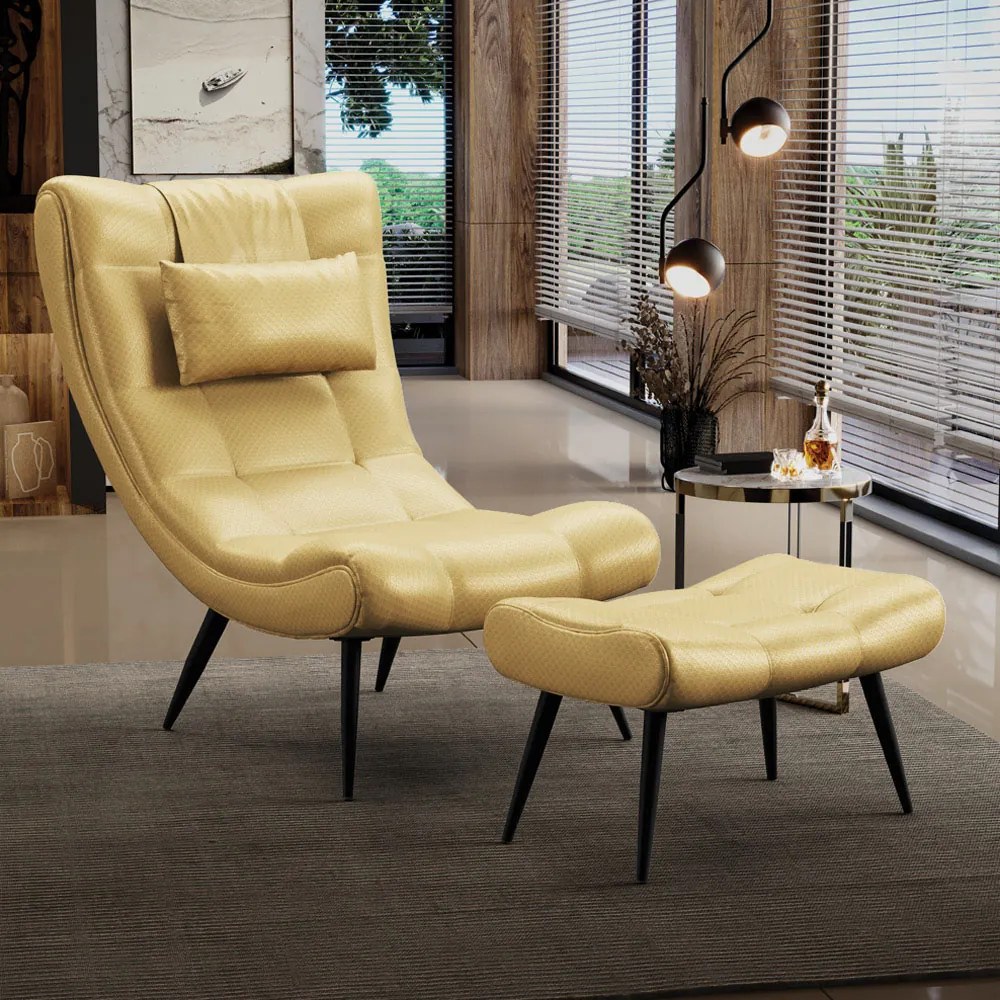 Kit 01 Poltrona e 01 Puff Sher Facto Pés Palito de Ferro D03 - D'Rossi - Dourado