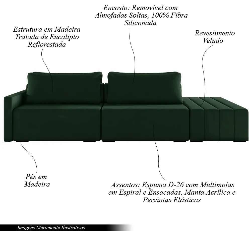 Sofá Ilha Modulado Milos 232cm Puff Lateral Veludo Verde G33 - Gran Belo