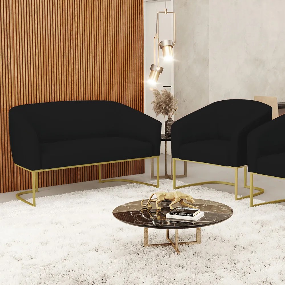 Sofá Namoradeira e Poltrona Base Industrial Dourado Stella Linho D03 - D'Rossi - A79 Preto
