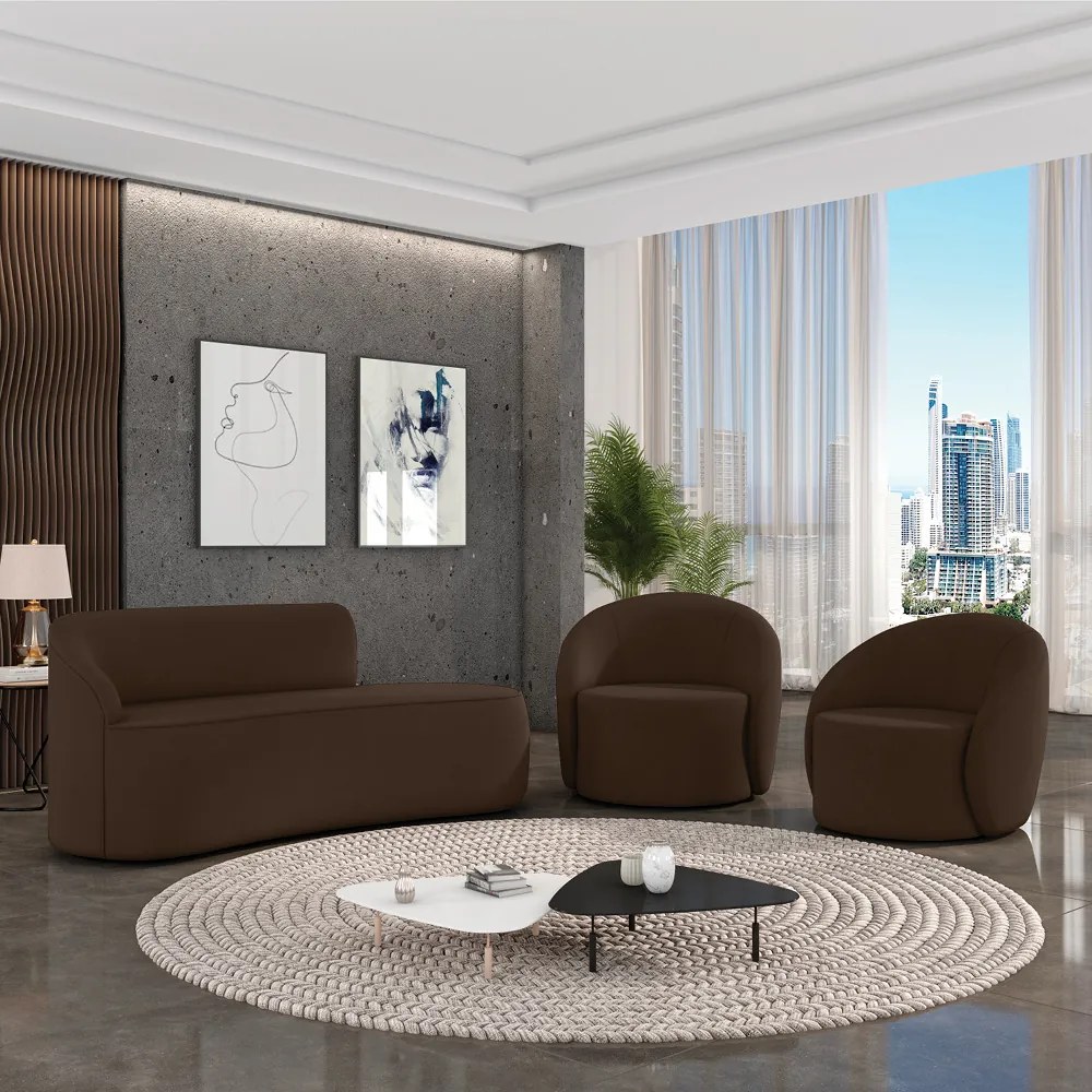 Sofá 2 Lugares Orgânico 140cm Morgan e 2 Poltronas Lua Suede D03 - D'Rossi - Marrom