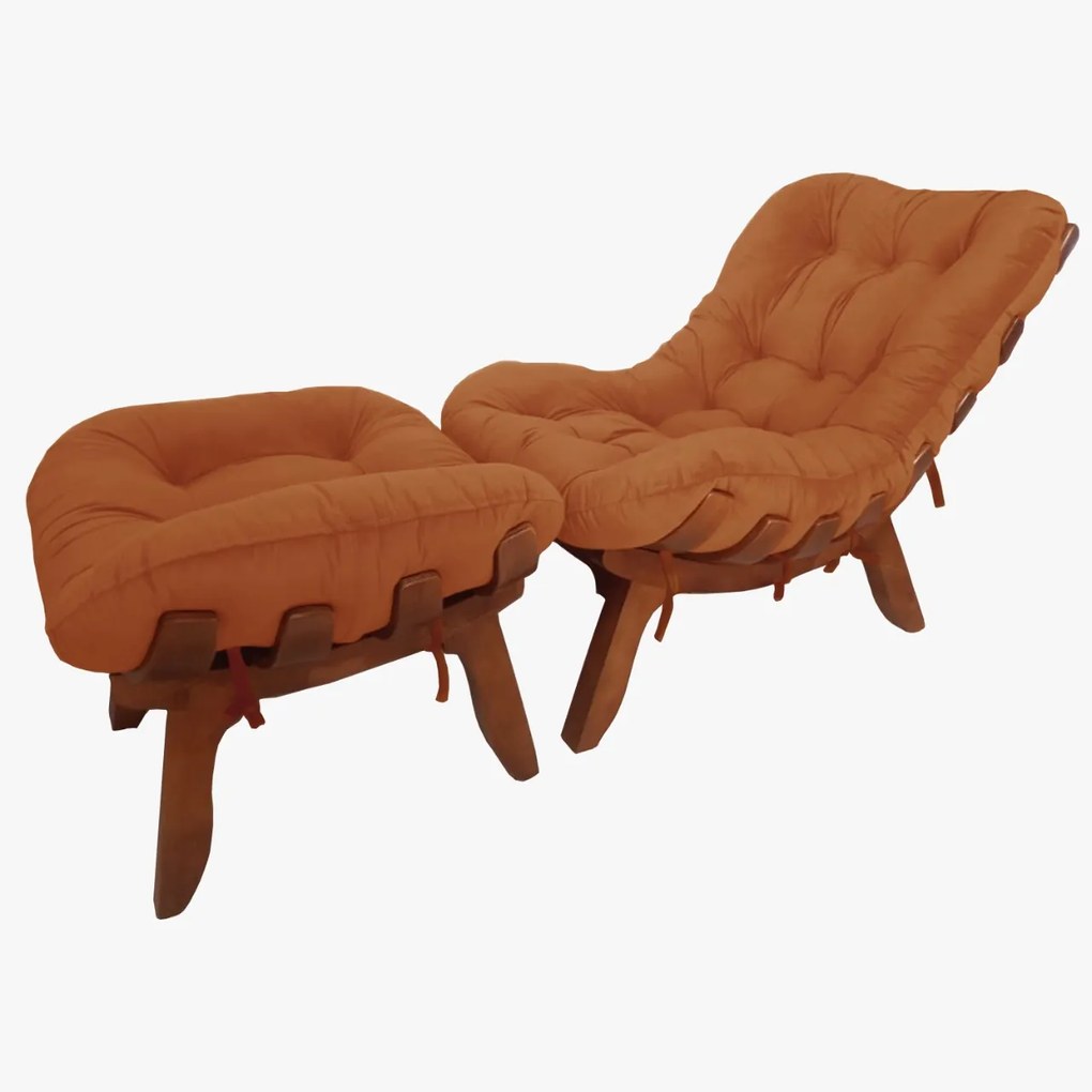 Conjunto Poltrona Decorativa Costela com Puff Costela Veludo Terracota