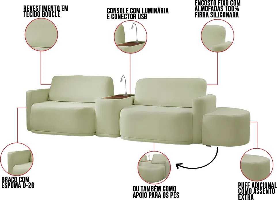 Sofá Sala Modulado 259cm com Puff Console USB Luminária Brumma Bouclê K01 - D'Rossi - Verde