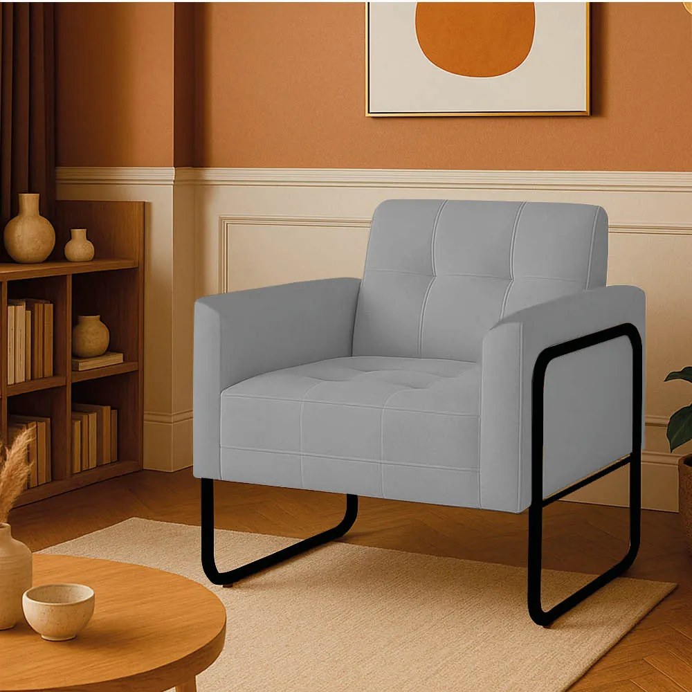Poltrona Sala Industrial Alta Tubo Preto Elisa Suede D03 - D'Rossi - Cinza