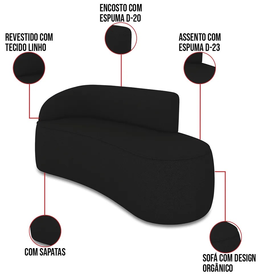 Sofá 3 Lugares Orgânico 180cm Morgan e 2 Poltronas Lua Linho - Preto