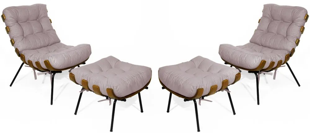 Kit 2 Poltronas Costela Com 2 Puff Costela Suede Crepe