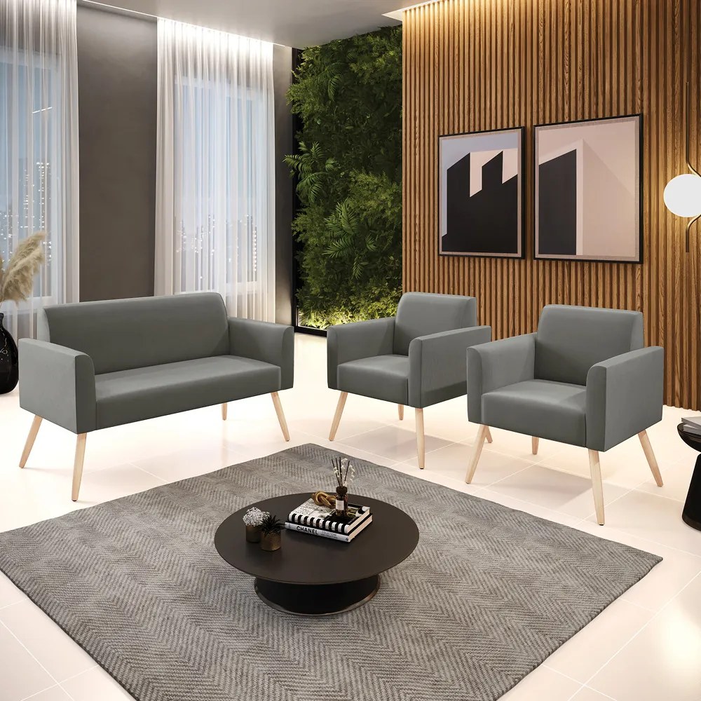 Sofá Namoradeira com 2 Poltronas Pés Palito Natural Marisa Suede Grafite D03 - D'Rossi