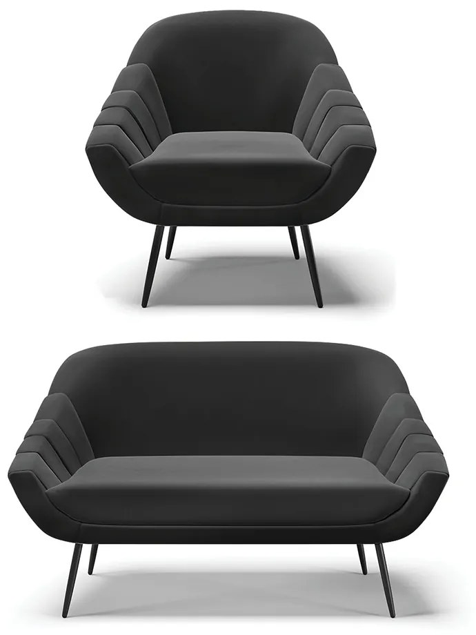 Kit 01 Namoradeira 02 Lugares e 01 Poltrona Giovana Suede Pés Palito de Ferro - D'Rossi - Preto